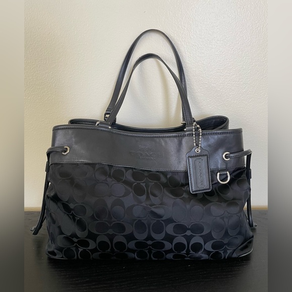 Coach Signature Drawstring Tote Bag Black Monogram Nylon & Leather 32702 - Picture 1 of 16